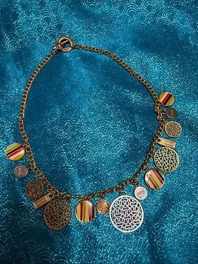 COACH Multicolor Enamel Disc Charm Statement Necklace Gold Tone